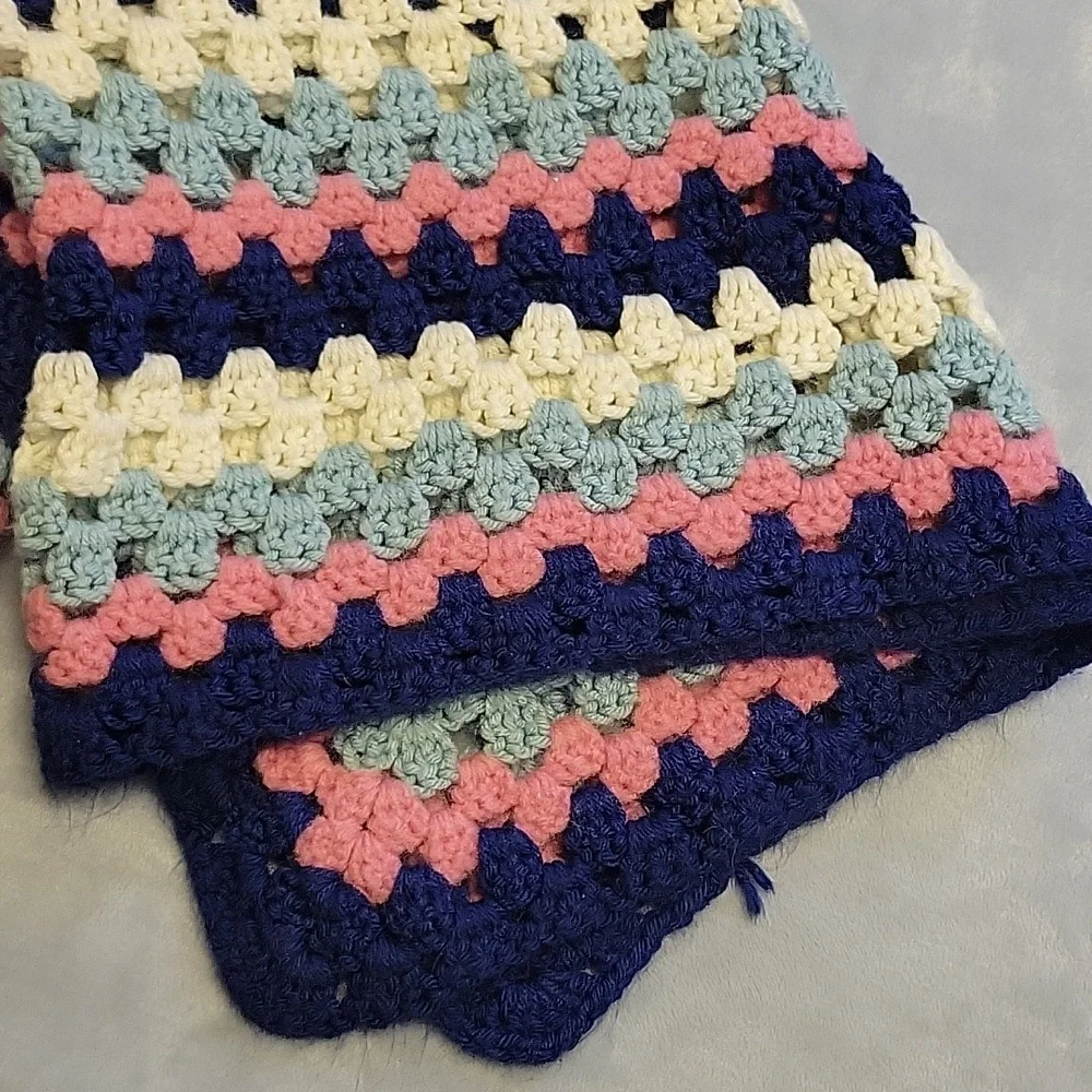 Handmade Crochet Blanket in Pink, Blue, Sage, and Cream, 49